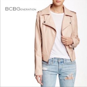 BCBGeneration Blush Pink Faux Leather Moto Jacket with perforated and zip detail